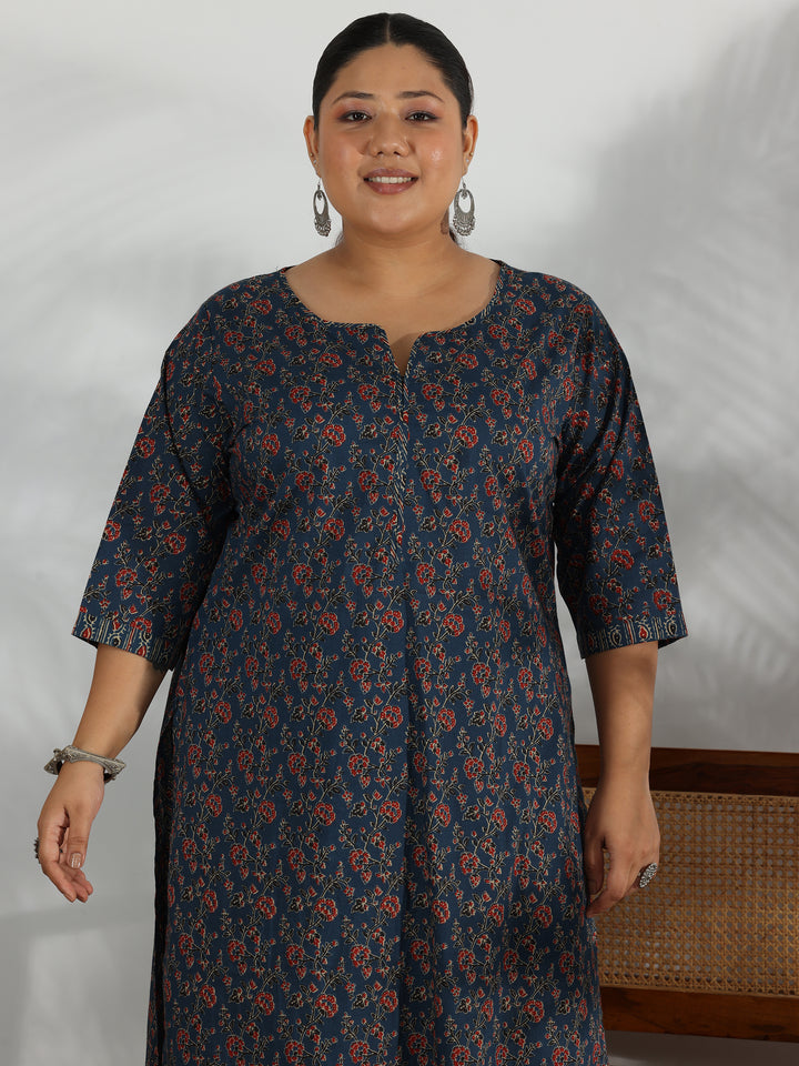 Plus Size Blue Printed Cotton Straight Suit With Dupatta