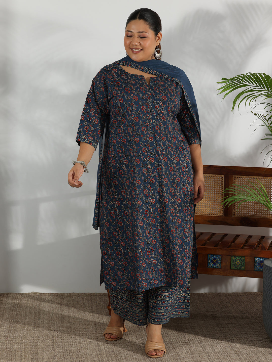 Plus Size Blue Printed Cotton Straight Suit With Dupatta