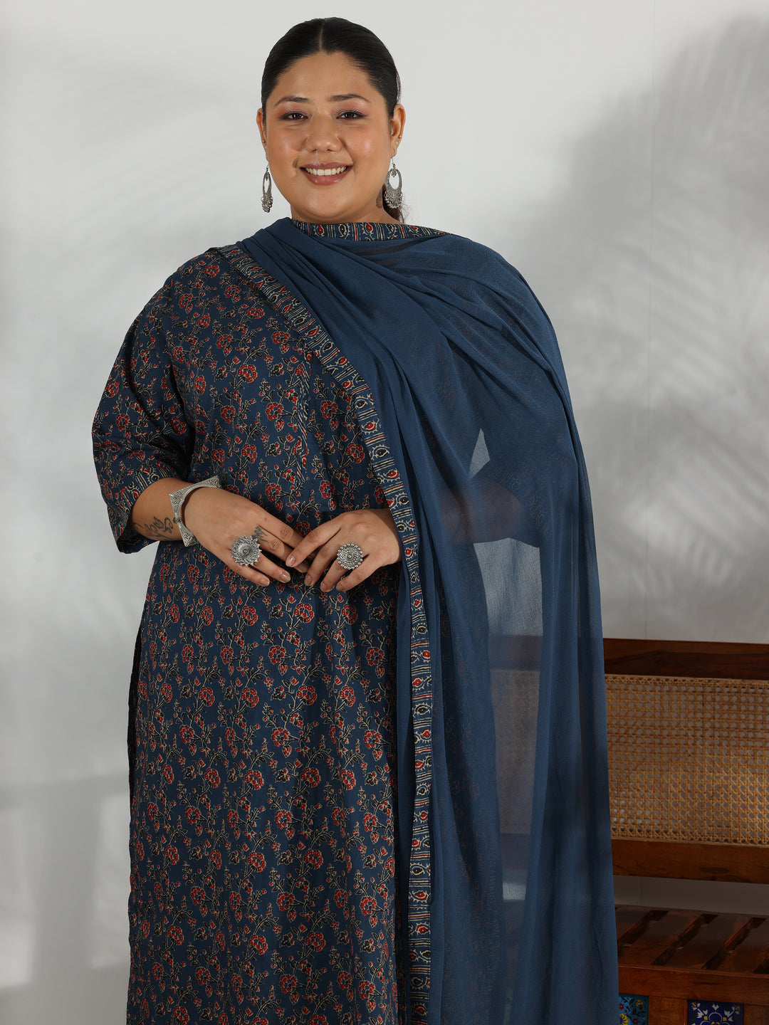 Plus Size Blue Printed Cotton Straight Suit With Dupatta