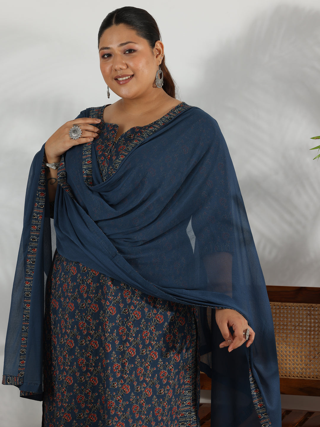 Plus Size Blue Printed Cotton Straight Suit With Dupatta