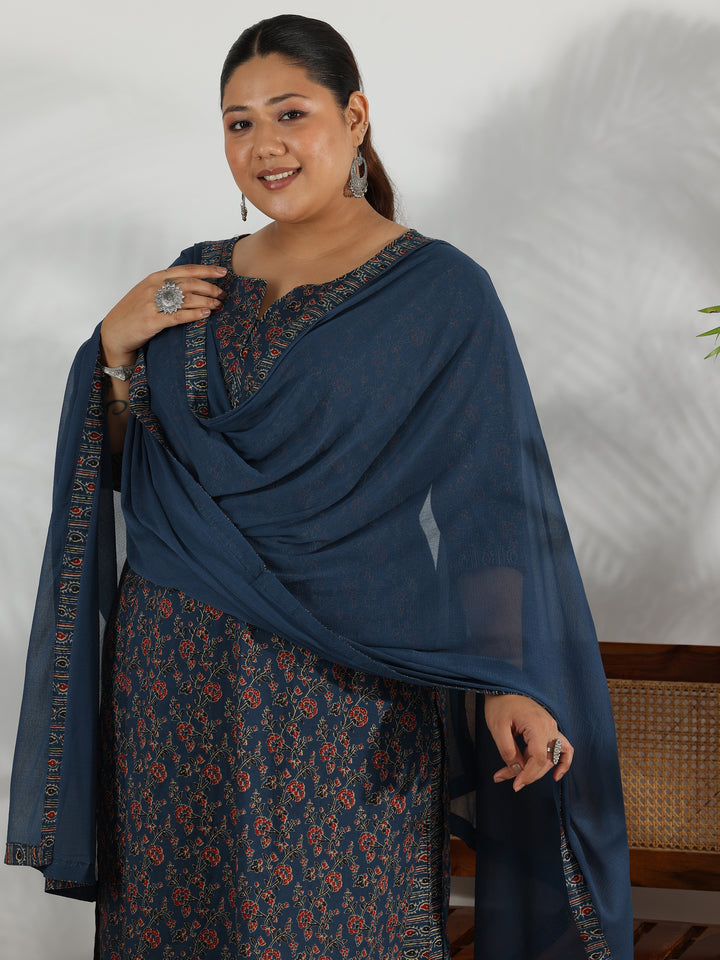 Plus Size Blue Printed Cotton Straight Suit With Dupatta