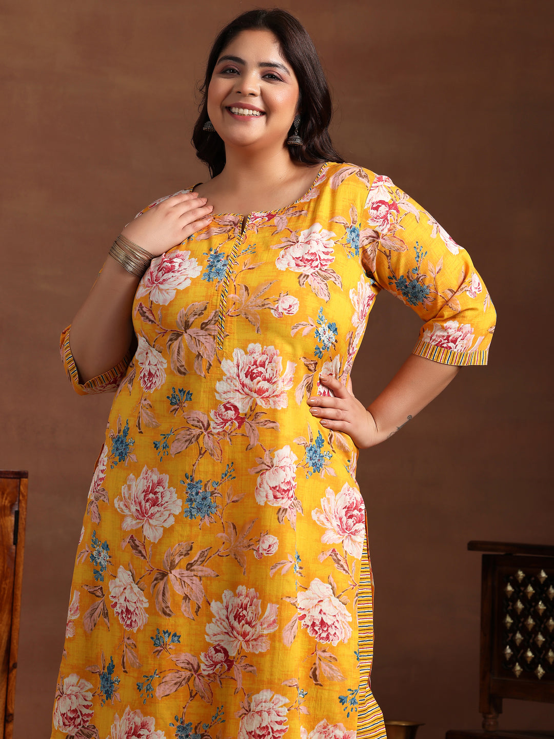 Plus Size Mustard Printed Cotton Straight Suit With Dupatta