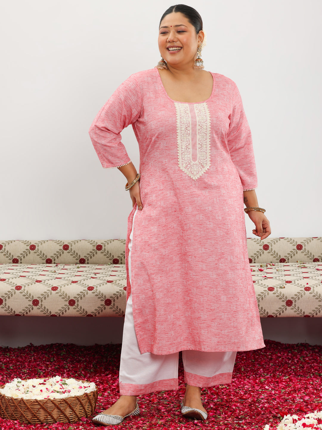 Plus Size Yoke Design Cotton Blend Straight Kurta Set