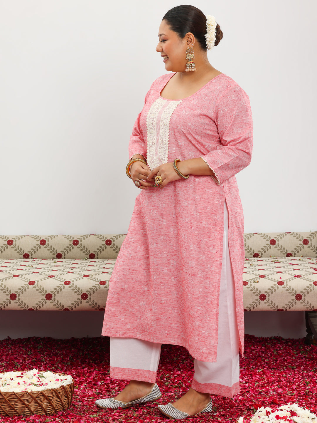 Plus Size Yoke Design Cotton Blend Straight Kurta Set