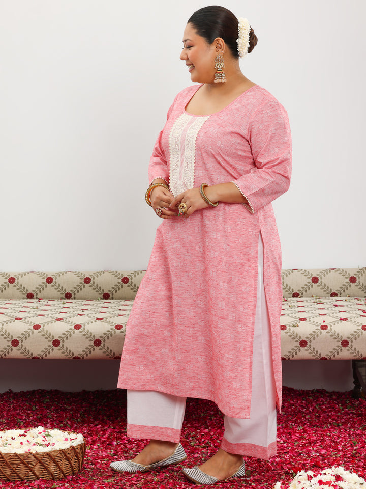 Plus Size Yoke Design Cotton Blend Straight Kurta Set