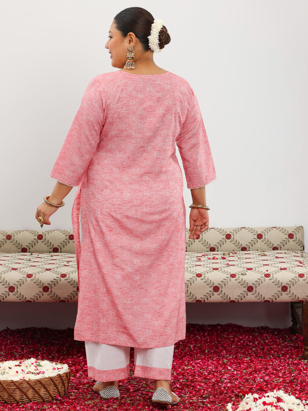 Plus Size Yoke Design Cotton Blend Straight Kurta Set