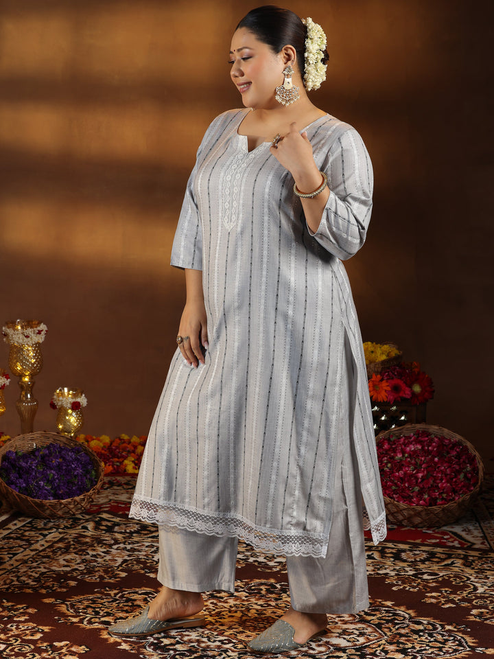 Plus Size Grey Self Design Cotton Blend Straight Kurta Set
