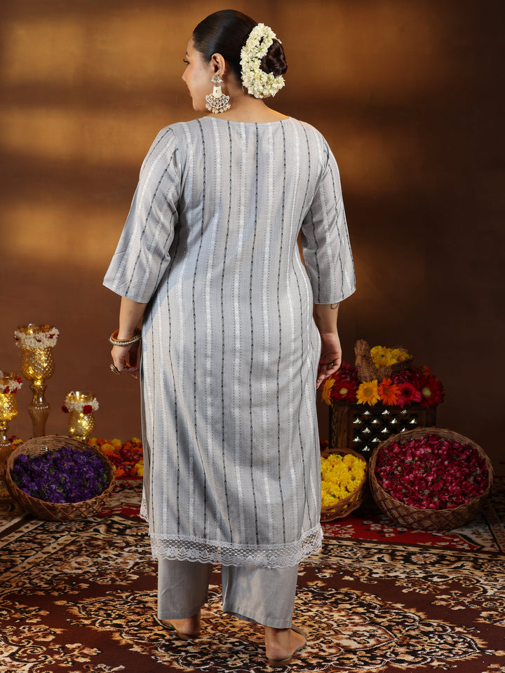 Plus Size Grey Self Design Cotton Blend Straight Kurta Set
