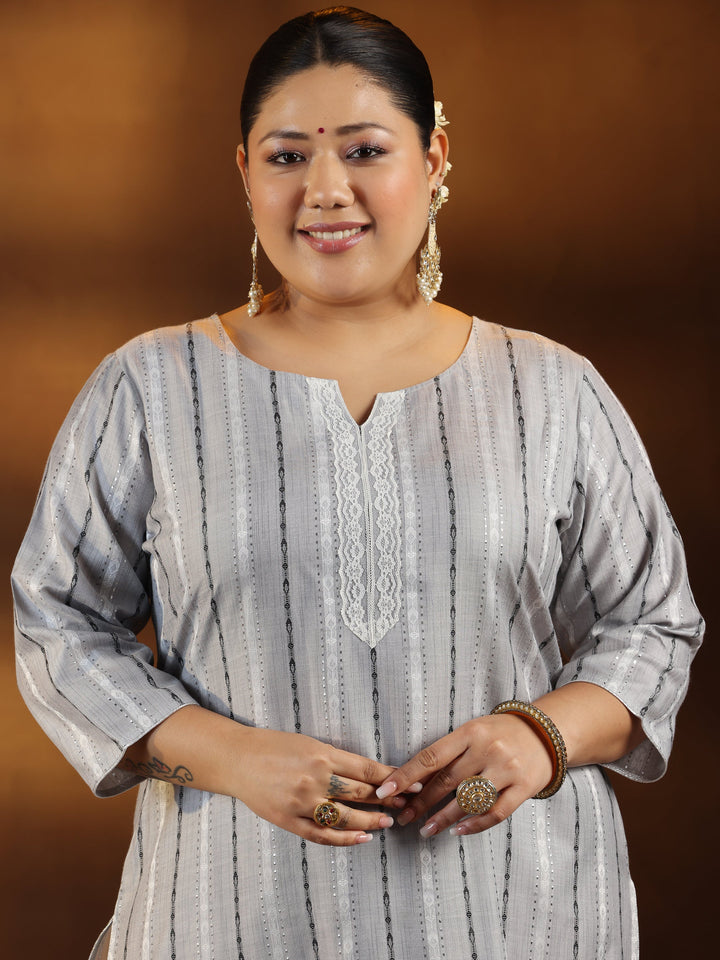 Plus Size Grey Self Design Cotton Blend Straight Kurta Set