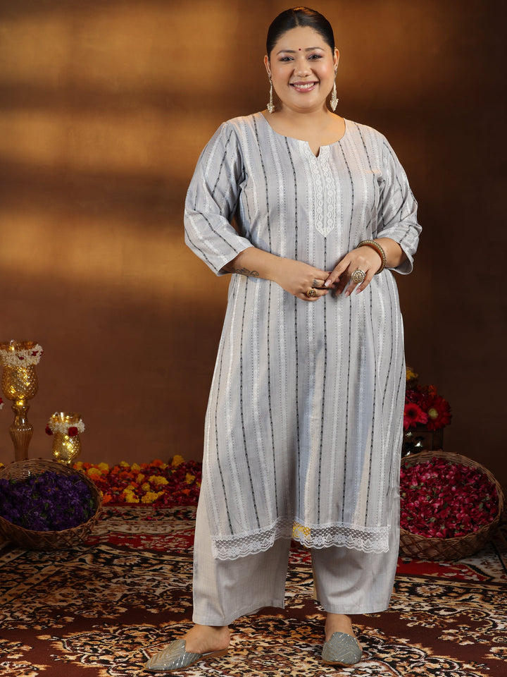 Plus Size Grey Self Design Cotton Blend Straight Kurta Set