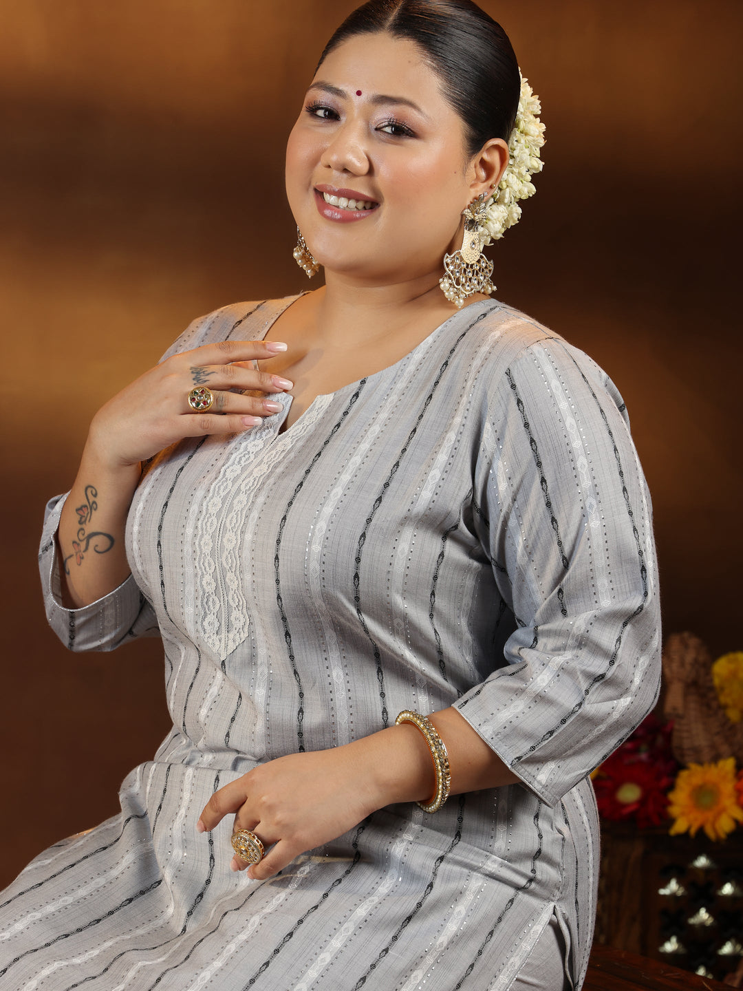 Plus Size Grey Self Design Cotton Blend Straight Kurta Set