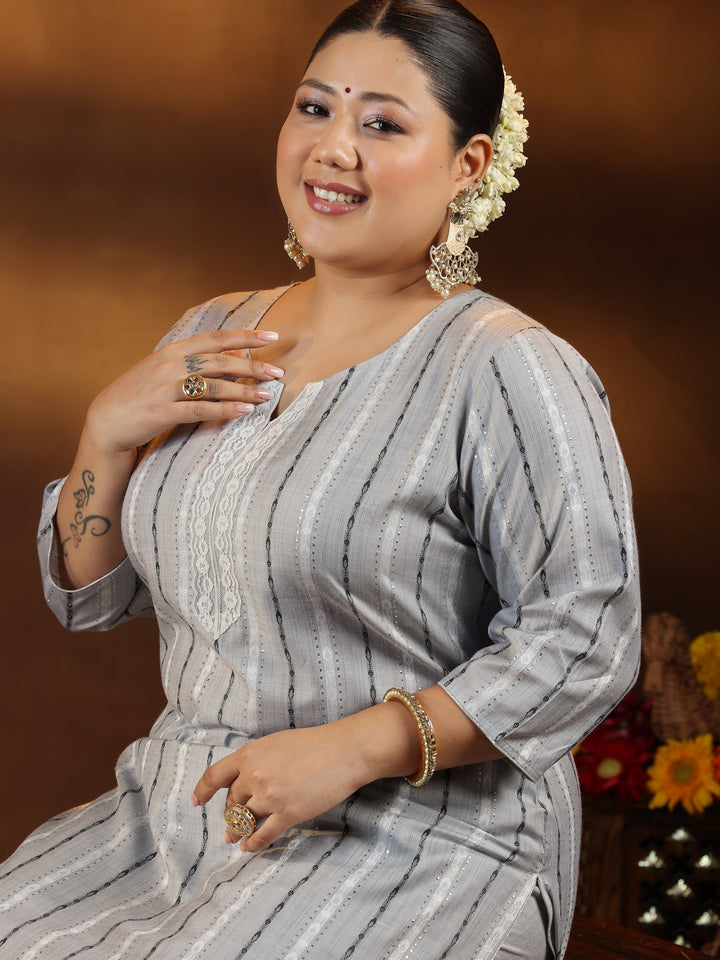 Plus Size Grey Self Design Cotton Blend Straight Kurta Set