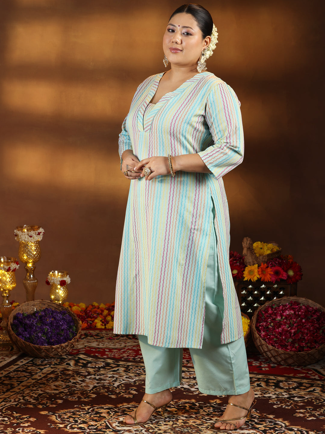 Plus Size Green Self Design Cotton Blend Straight Kurta Set