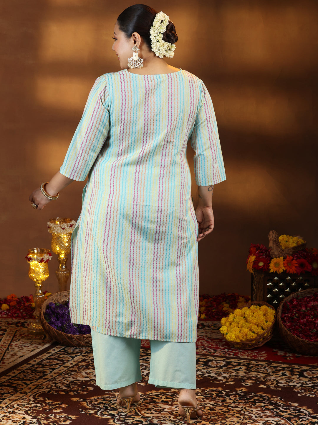 Plus Size Green Self Design Cotton Blend Straight Kurta Set