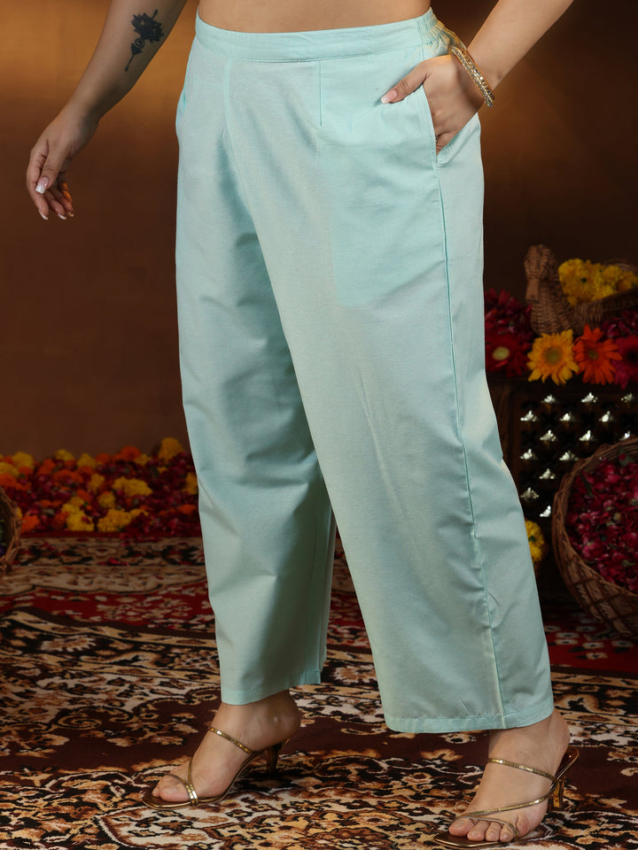Plus Size Green Self Design Cotton Blend Straight Kurta Set