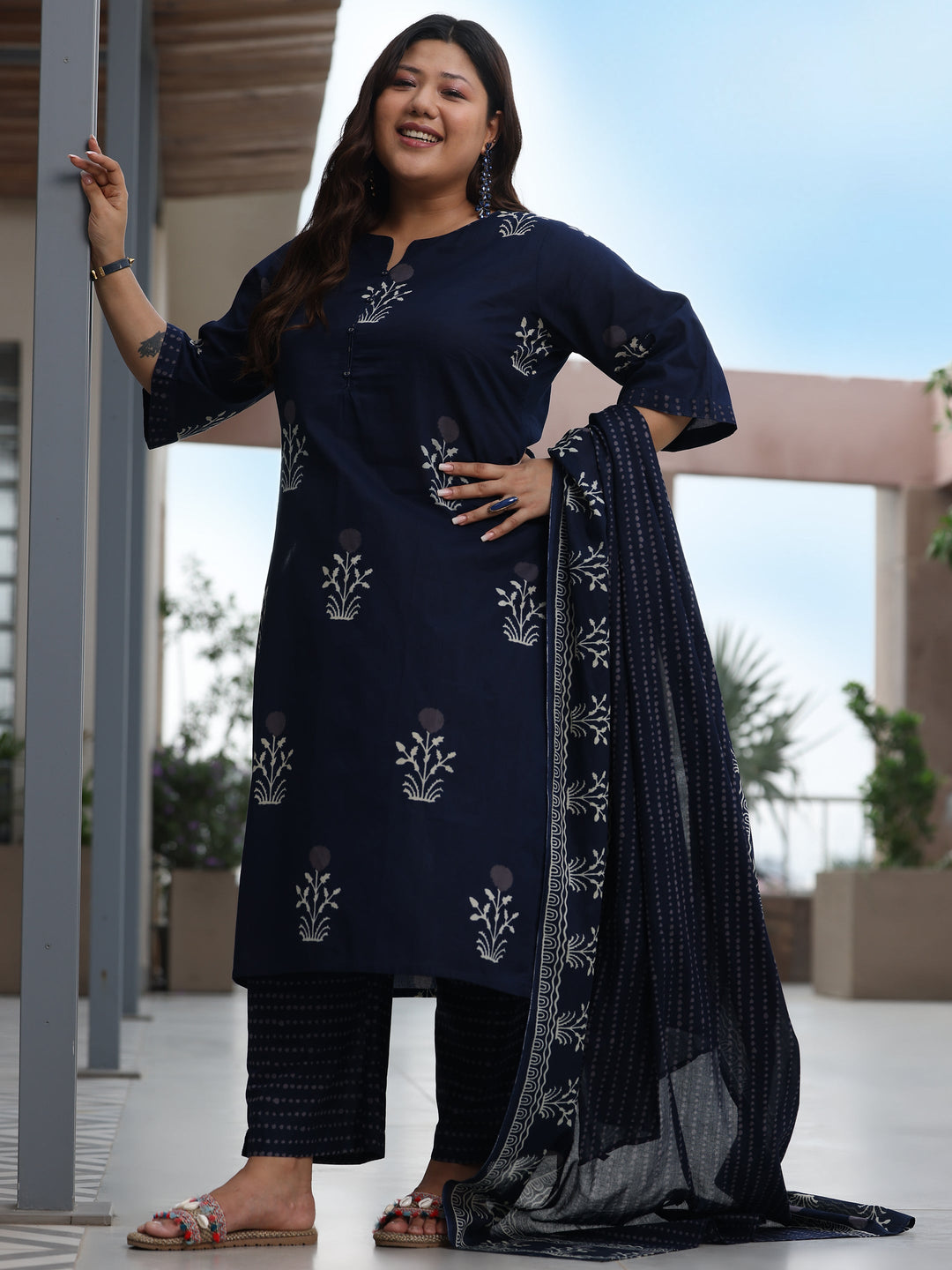 Plus Size Blue Printed Cotton Straight Suit With Dupatta