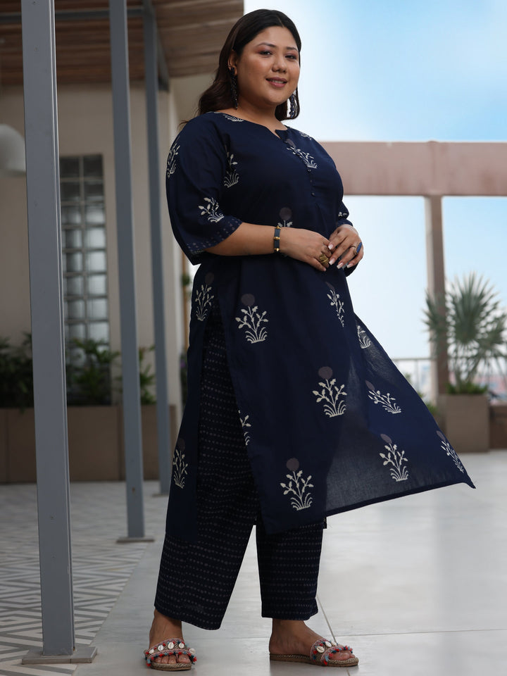 Plus Size Blue Printed Cotton Straight Suit With Dupatta