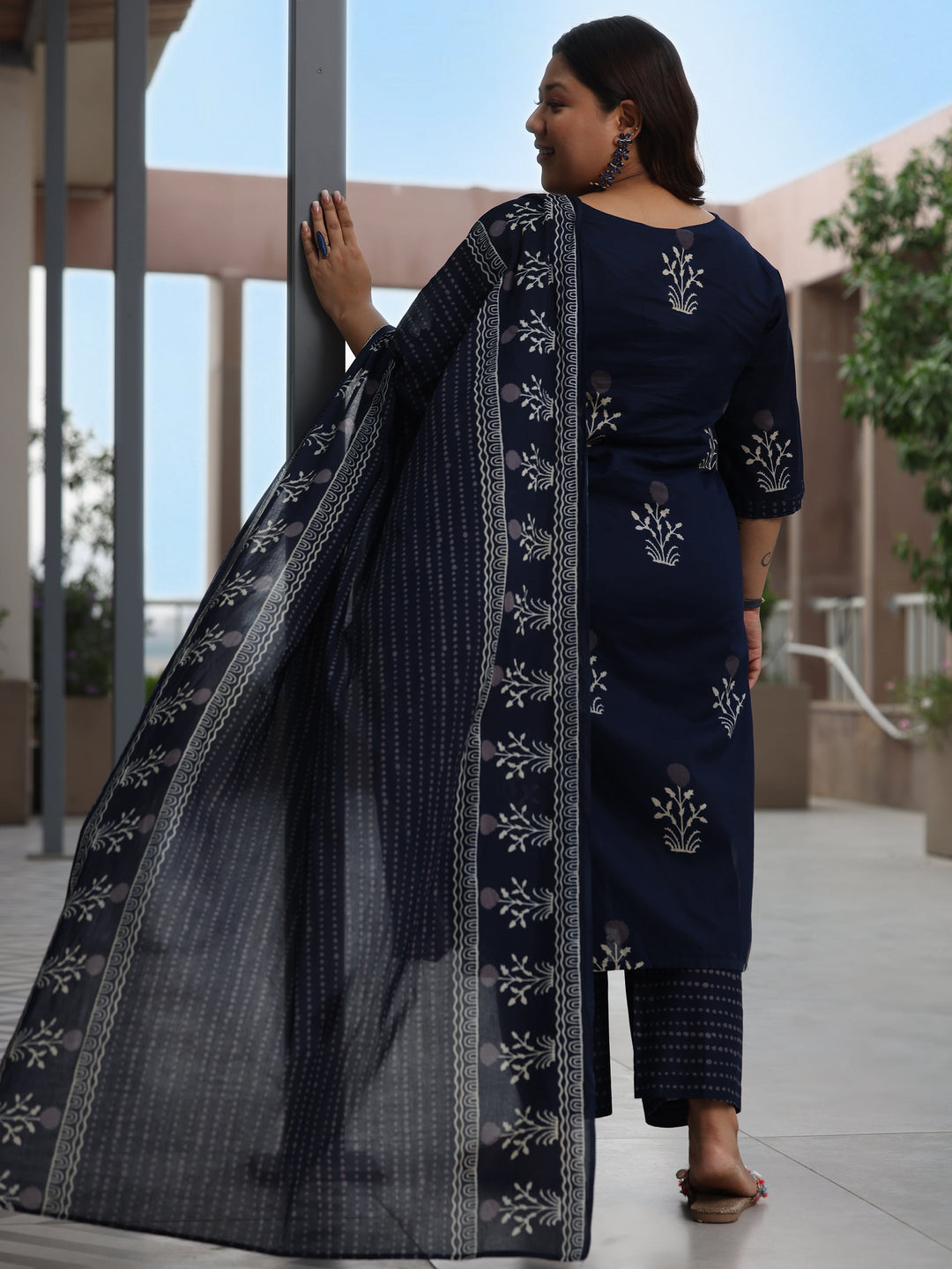 Plus Size Blue Printed Cotton Straight Suit With Dupatta