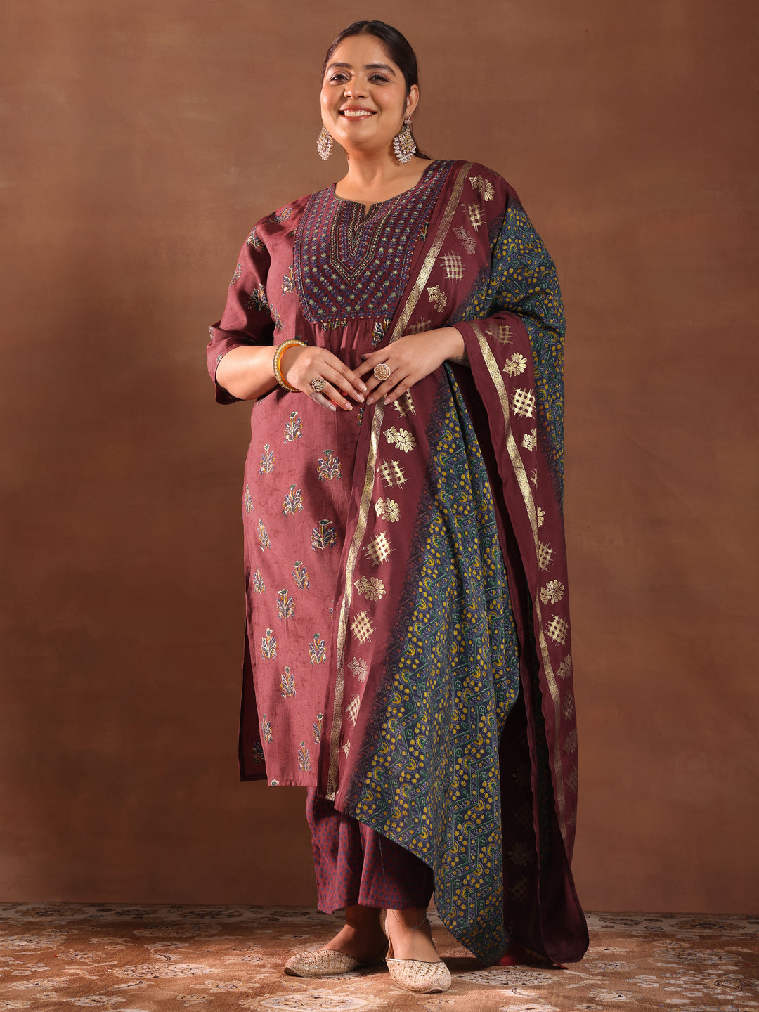 Plus Size Yellow Printed Silk Blend Straight Suit With Dupatta