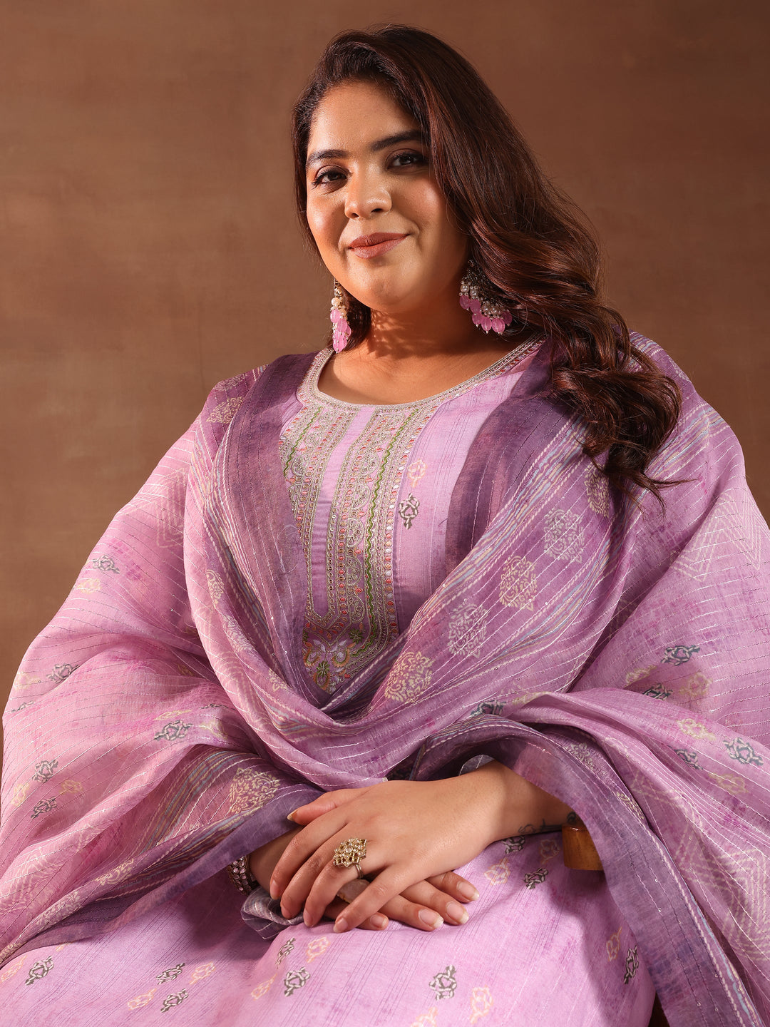 Plus Size Lavender Printed Silk Blend Straight Suit With Dupatta