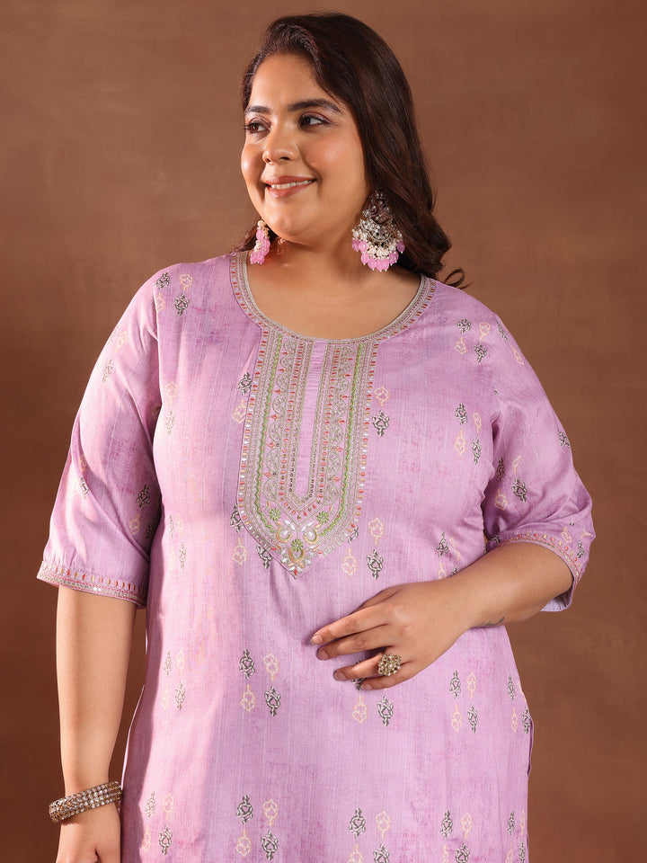 Plus Size Lavender Printed Silk Blend Straight Suit With Dupatta