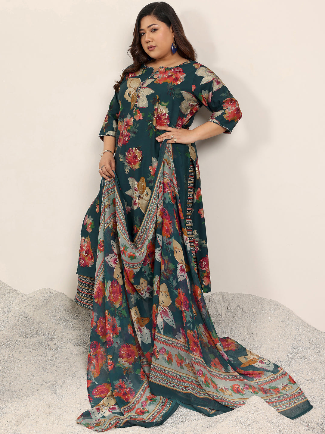 Plus Size Blue Printed Silk Blend Straight Suit Set With Dupatta