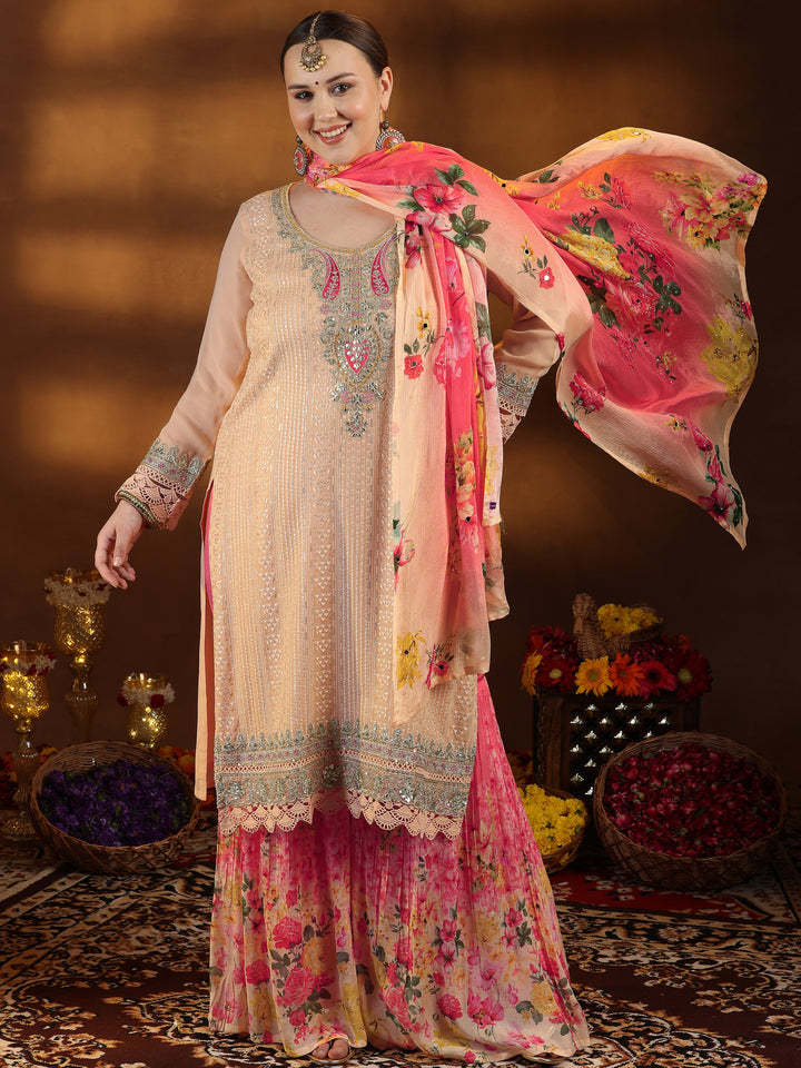 Plus Size Peach Embroidered Muslin Straight Suit With Dupatta