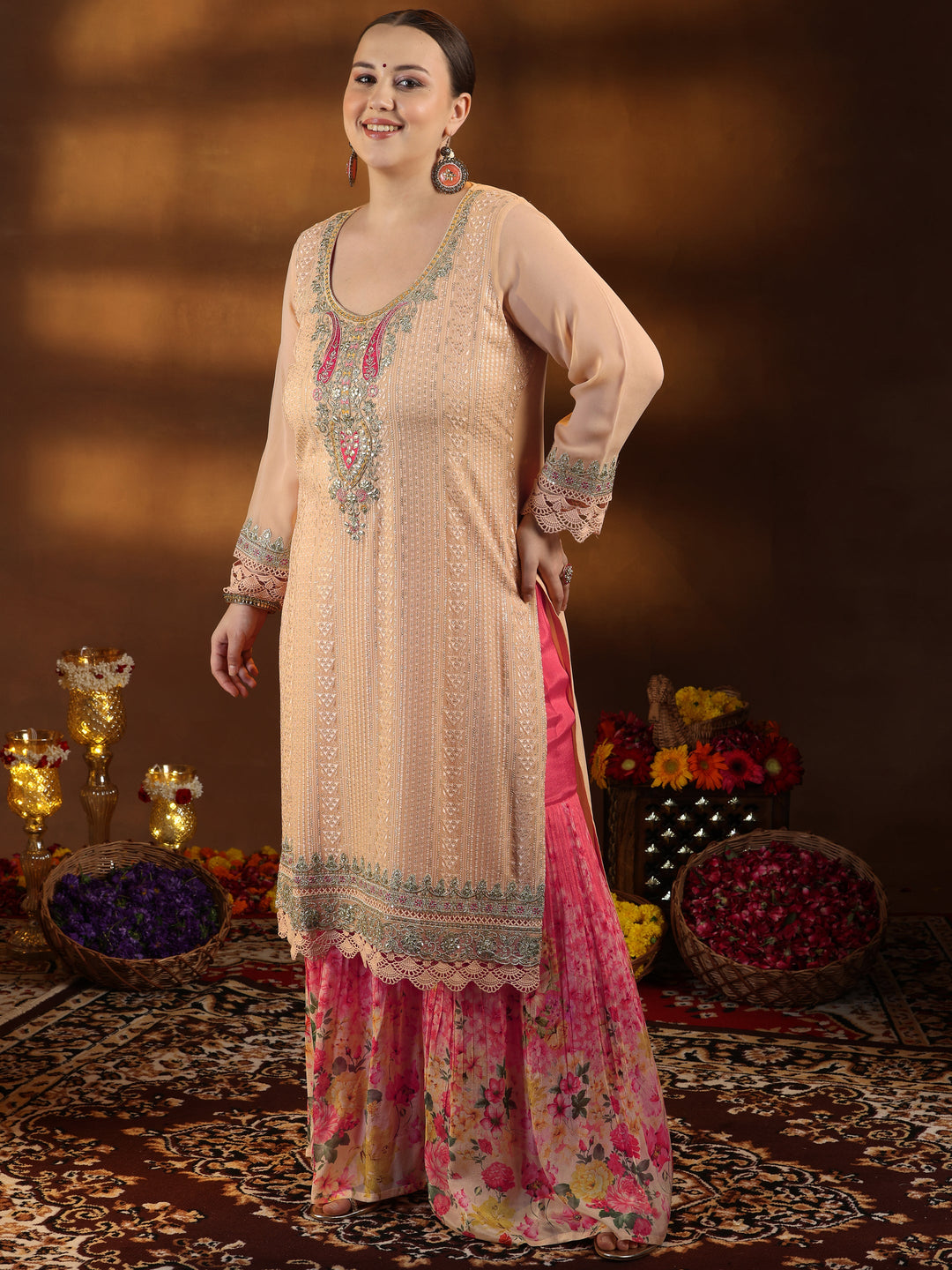 Plus Size Peach Embroidered Muslin Straight Suit With Dupatta