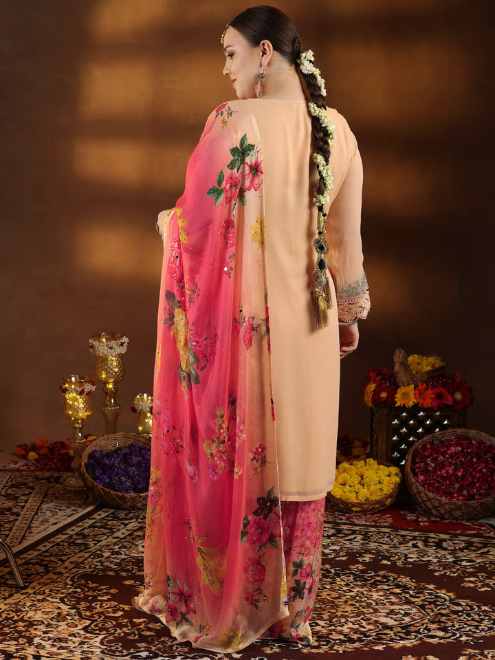 Plus Size Peach Embroidered Muslin Straight Suit With Dupatta