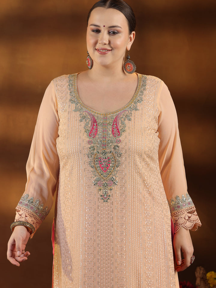 Plus Size Peach Embroidered Muslin Straight Suit With Dupatta