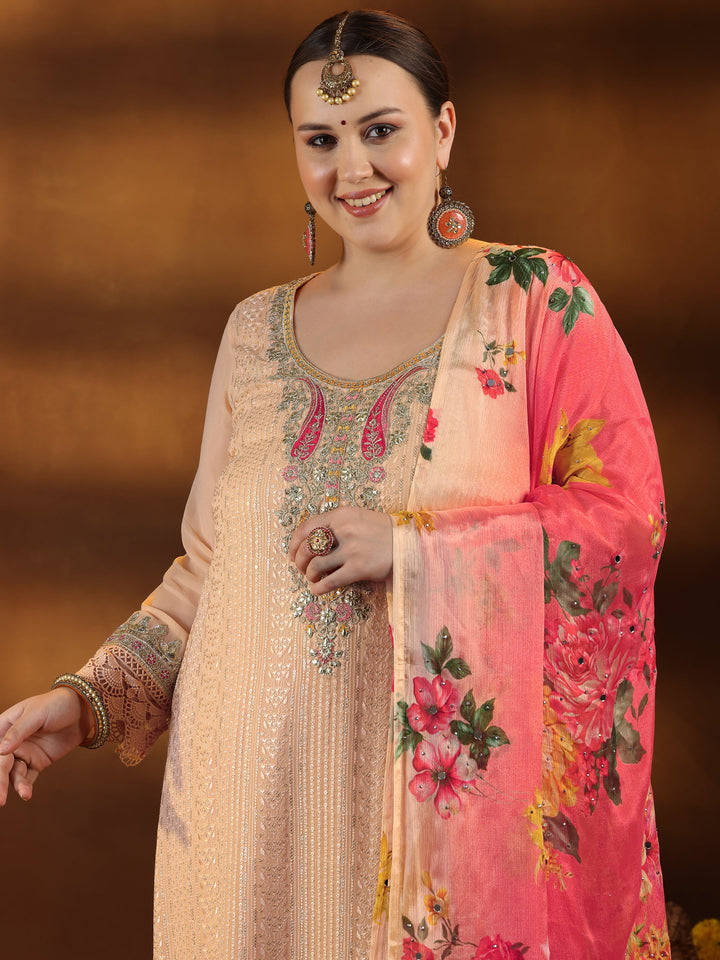 Plus Size Peach Embroidered Muslin Straight Suit With Dupatta