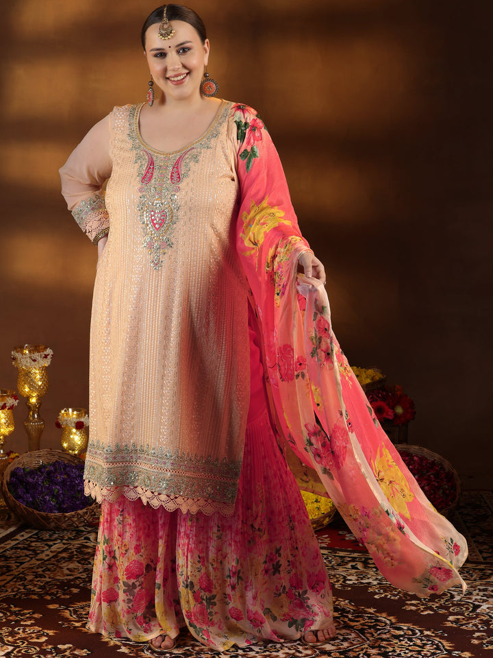 Plus Size Peach Embroidered Muslin Straight Suit With Dupatta