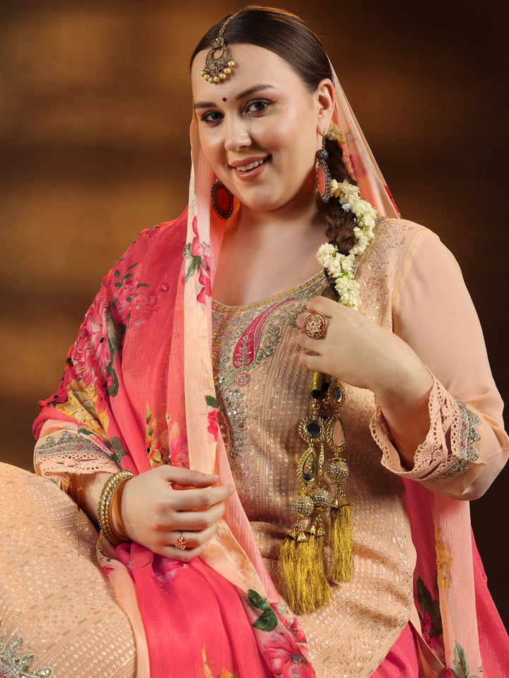 Plus Size Peach Embroidered Muslin Straight Suit With Dupatta
