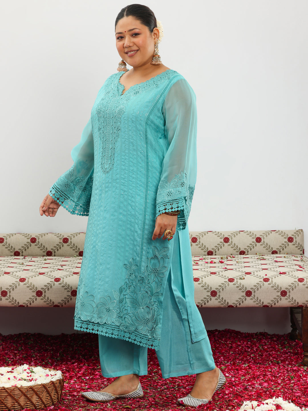 Plus Size Turquoise Blue Embroidered Georgette Straight Suit With Dupatta