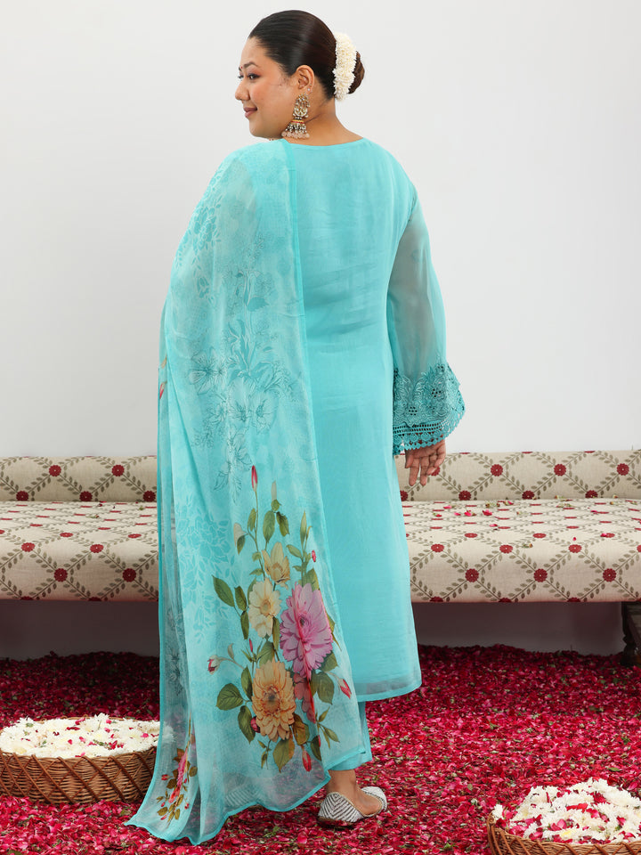 Plus Size Turquoise Blue Embroidered Georgette Straight Suit With Dupatta