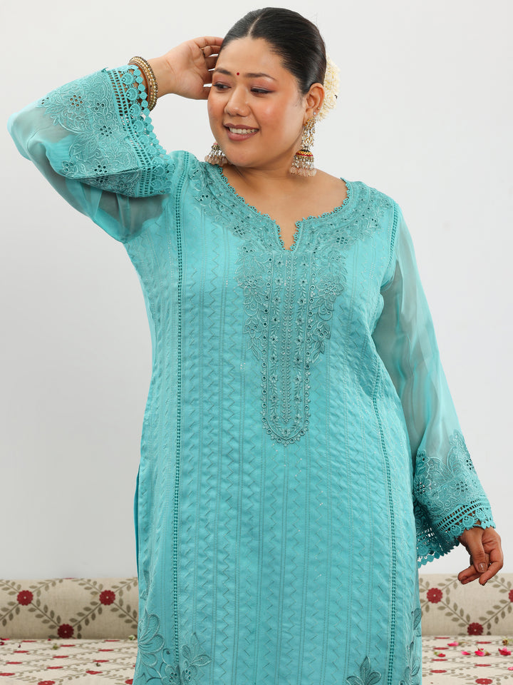 Plus Size Turquoise Blue Embroidered Georgette Straight Suit With Dupatta