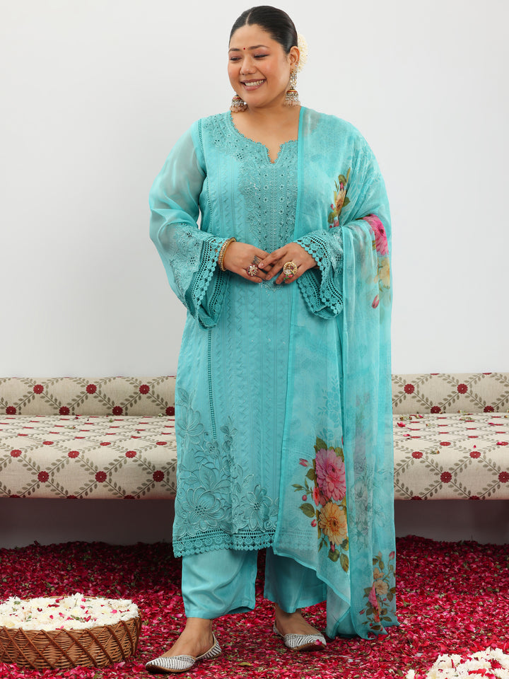 Plus Size Turquoise Blue Embroidered Georgette Straight Suit With Dupatta