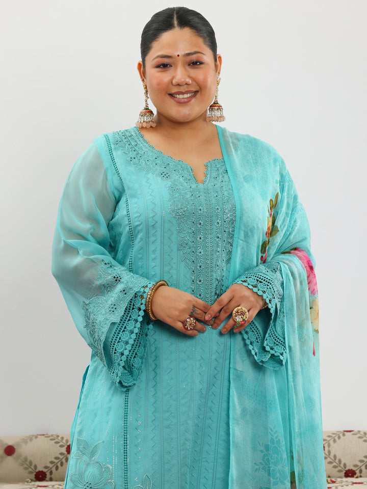 Plus Size Turquoise Blue Embroidered Georgette Straight Suit With Dupatta