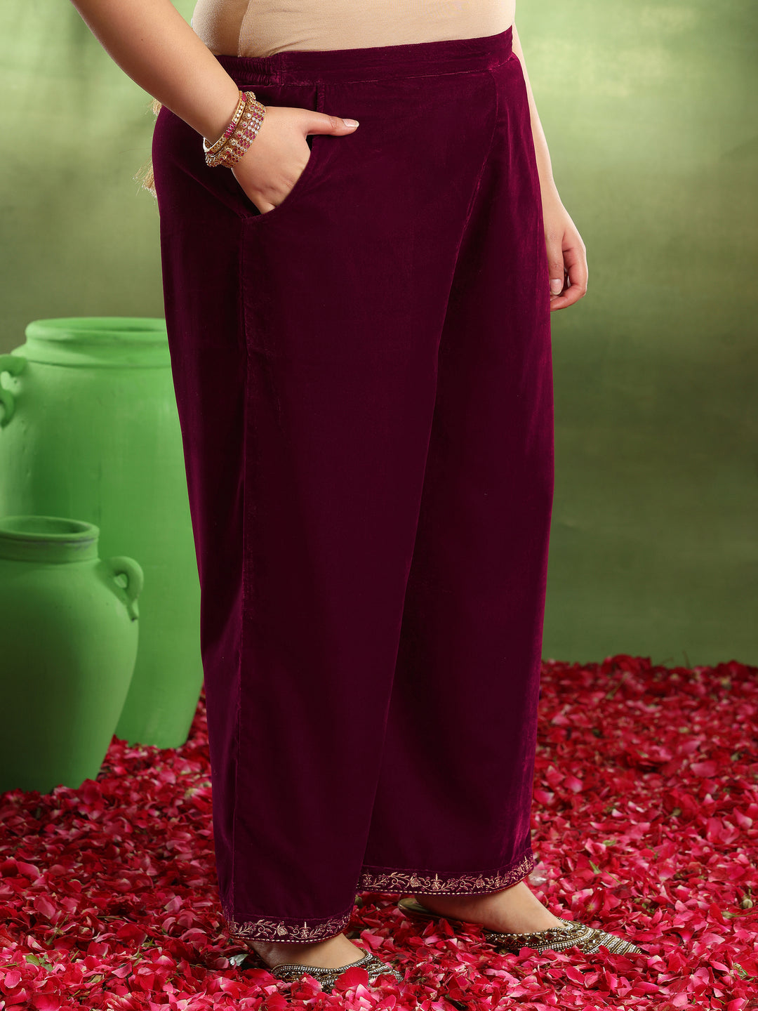 Buy Plus Size Maroon Solid Velvet Straight Suit With Dupatta
