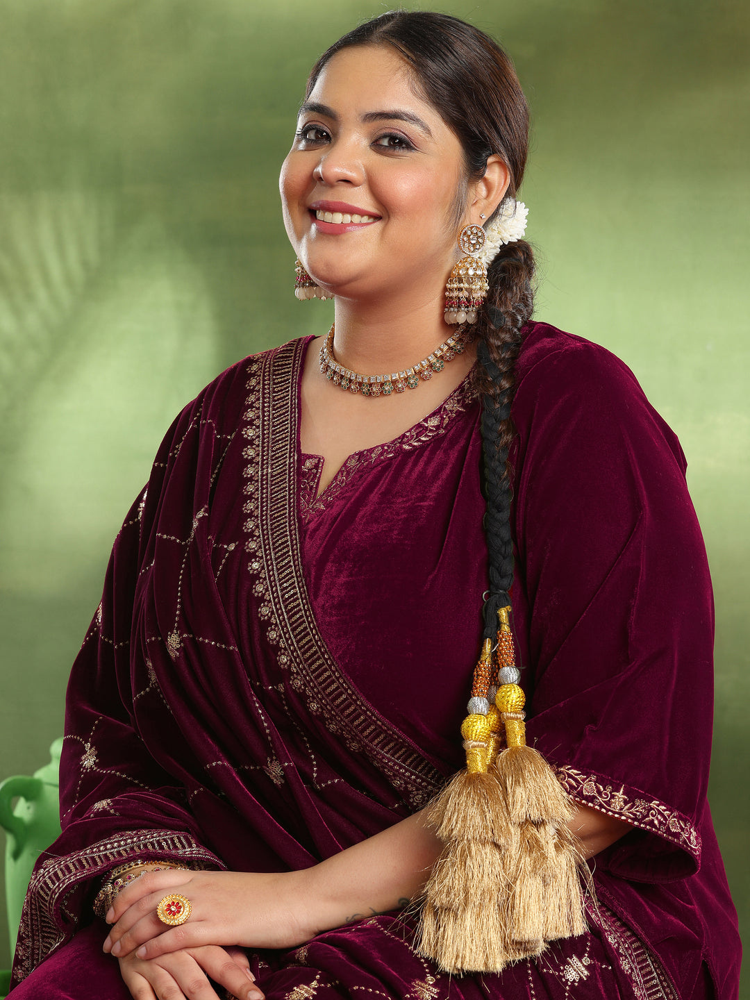 Plus Size Maroon Solid Velvet Straight Suit With Dupatta