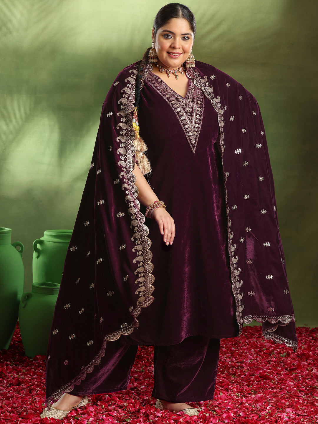 Plus Size Burgundy Yoke Design Velvet Straight Suit With Dupatta