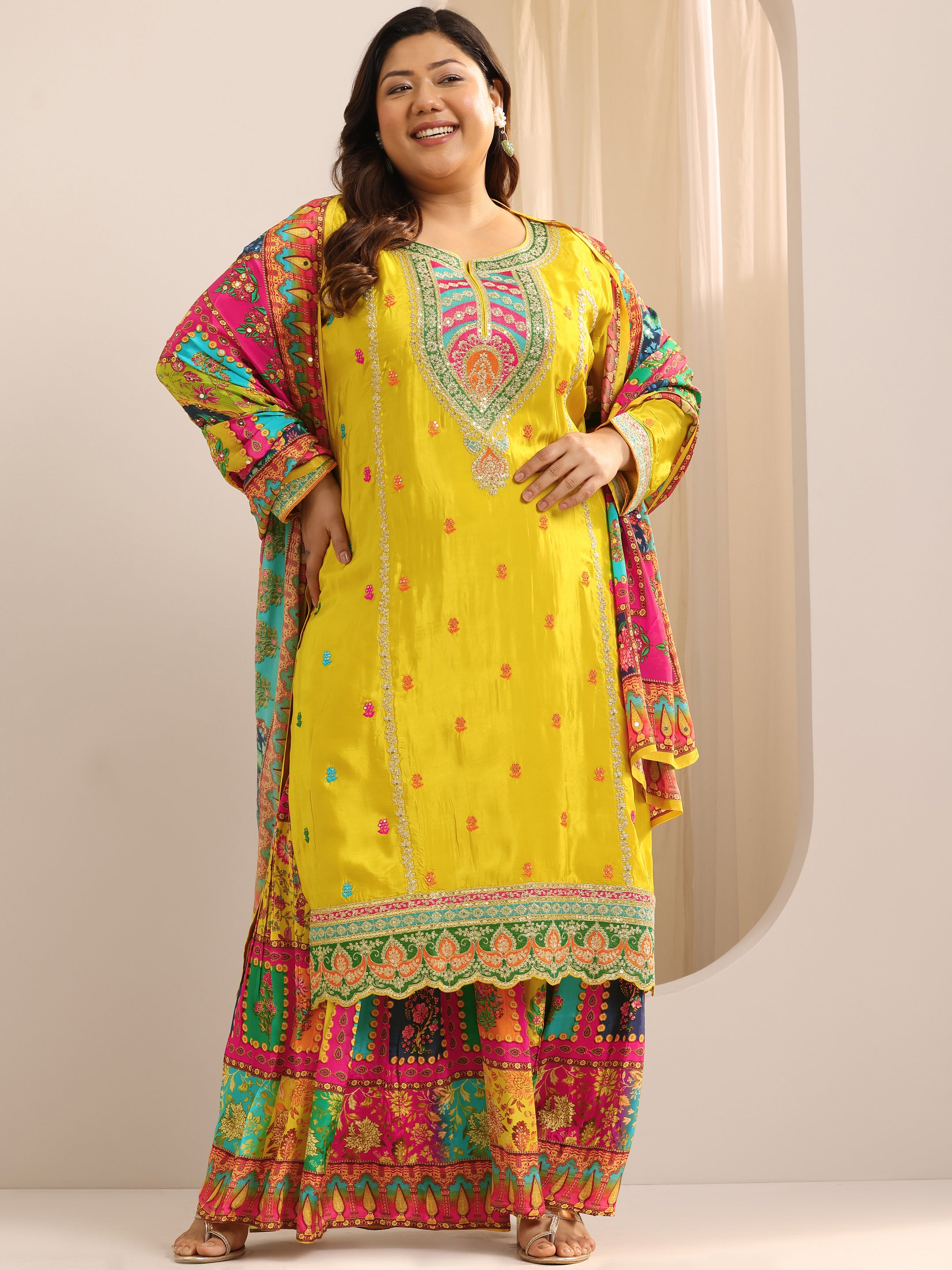 Plus Size Mustard Solid Silk Blend Straight Suit With Dupatta
