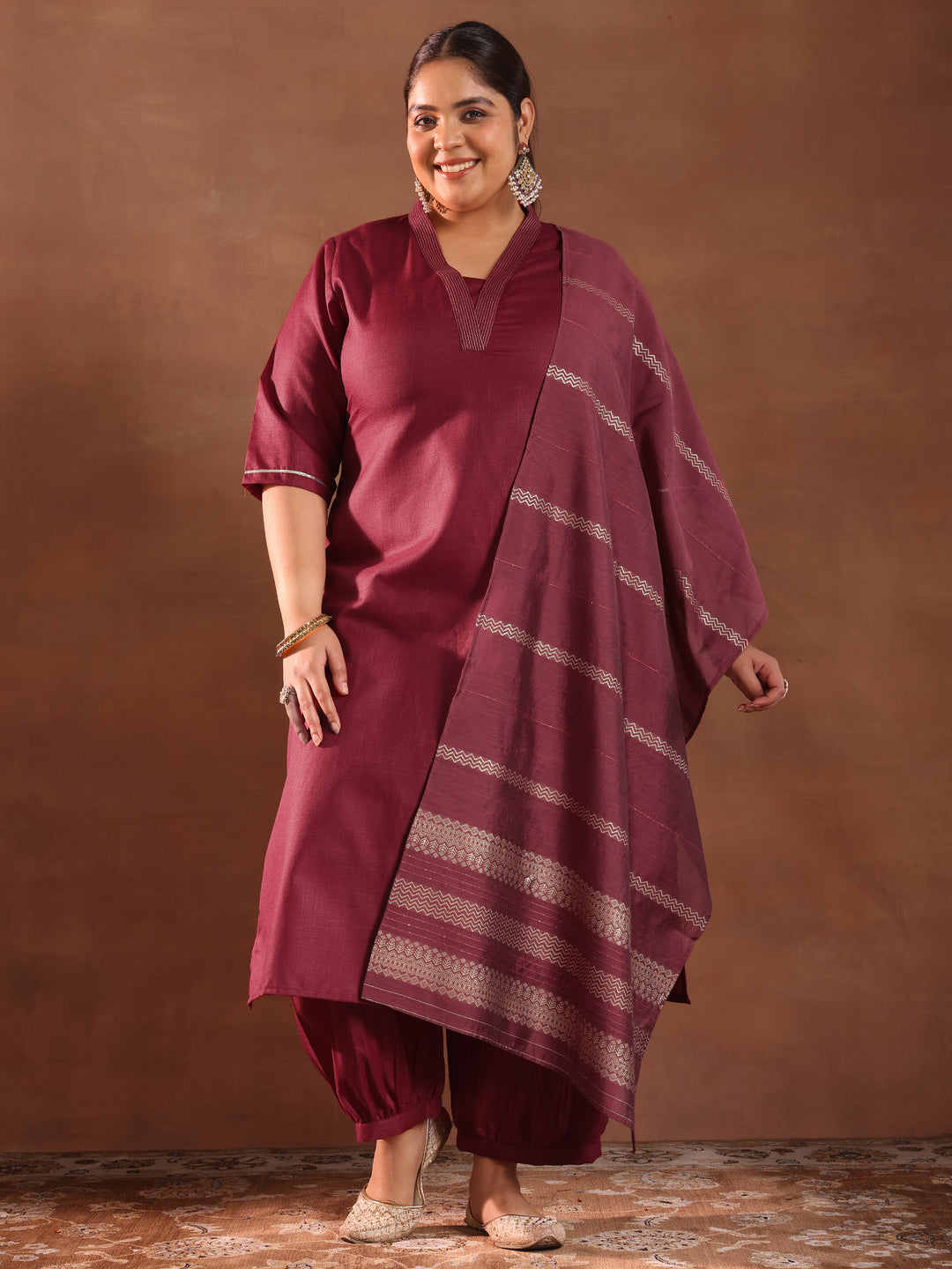 Plus Size Maroon Solid Cotton Blend Straight Suit With Dupatta
