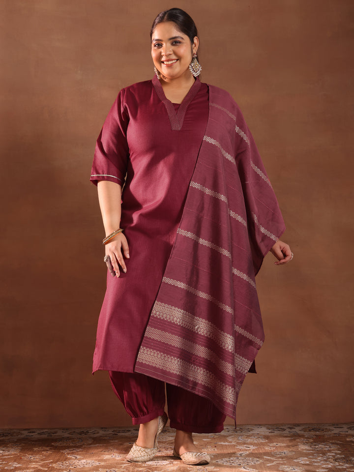 Plus Size Maroon Solid Cotton Blend Straight Suit With Dupatta