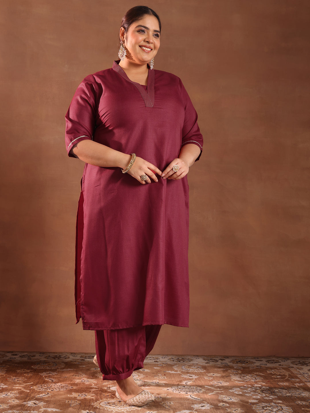 Plus Size Maroon Solid Cotton Blend Straight Suit With Dupatta