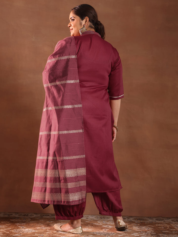 Plus Size Maroon Solid Cotton Blend Straight Suit With Dupatta