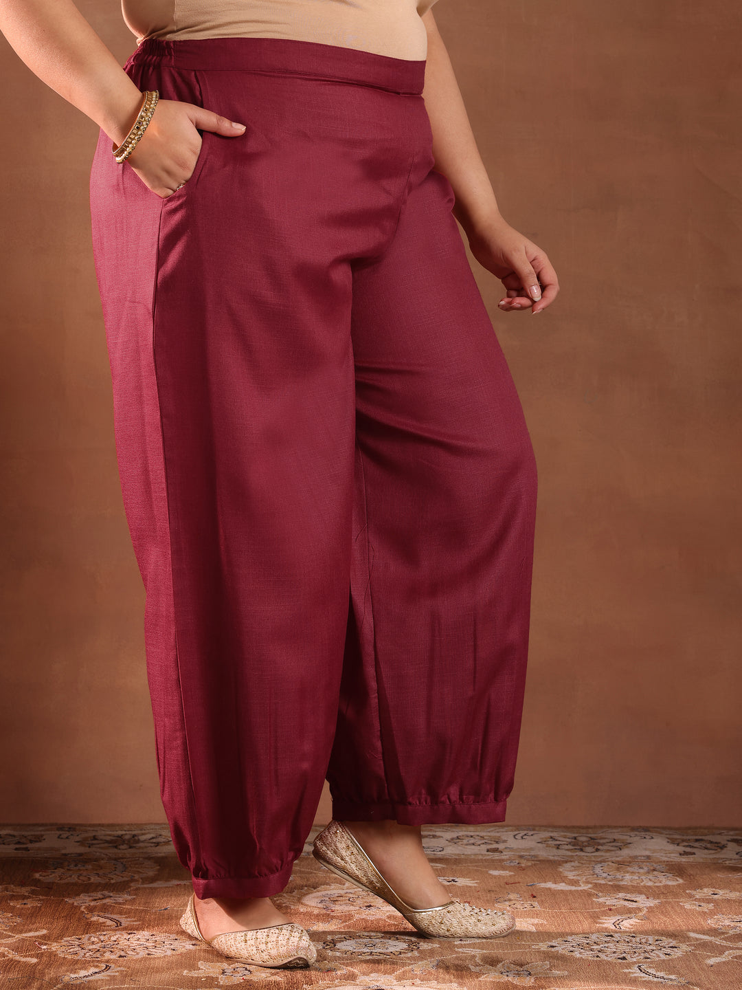 Plus Size Maroon Solid Cotton Blend Straight Suit With Dupatta