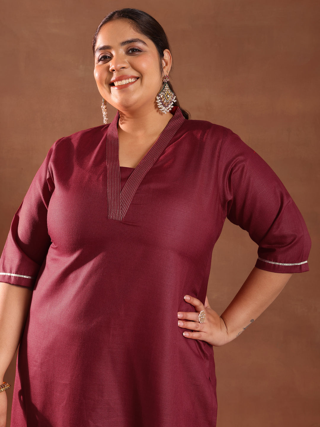Plus Size Maroon Solid Cotton Blend Straight Suit With Dupatta