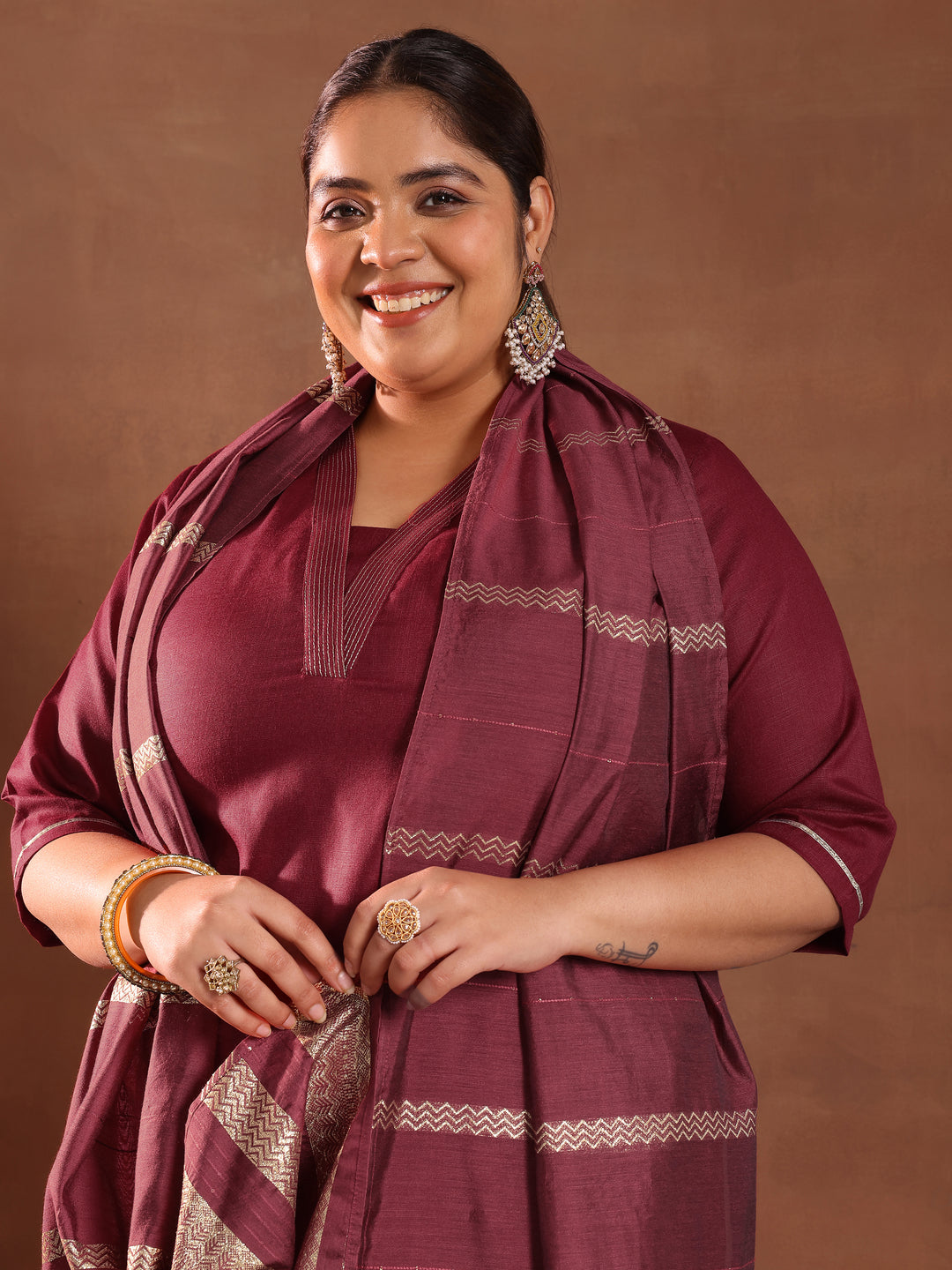 Plus Size Maroon Solid Cotton Blend Straight Suit With Dupatta