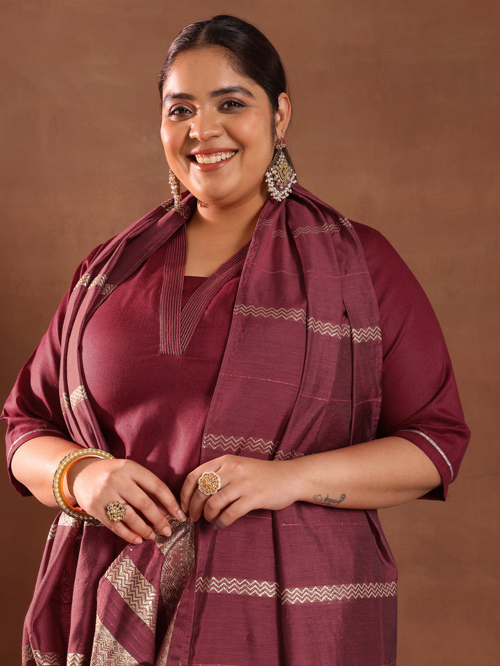 Plus Size Maroon Solid Cotton Blend Straight Suit With Dupatta